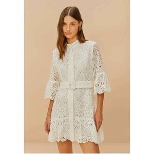 Farm Rio White Eyelet Belted Mini Dress White Women's Size XS